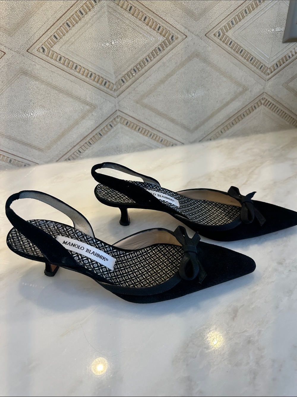 Manolo Blahnik Black Pointed-Toe Slingback Kitten Heels with Bow